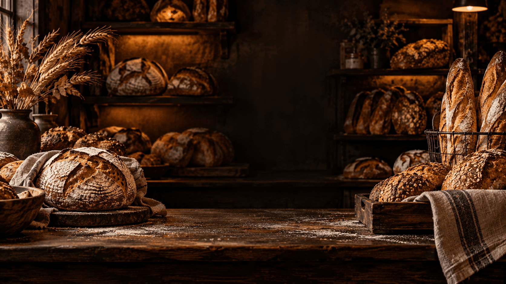 Rustic artisan breads displayed in a warmly lit bakery