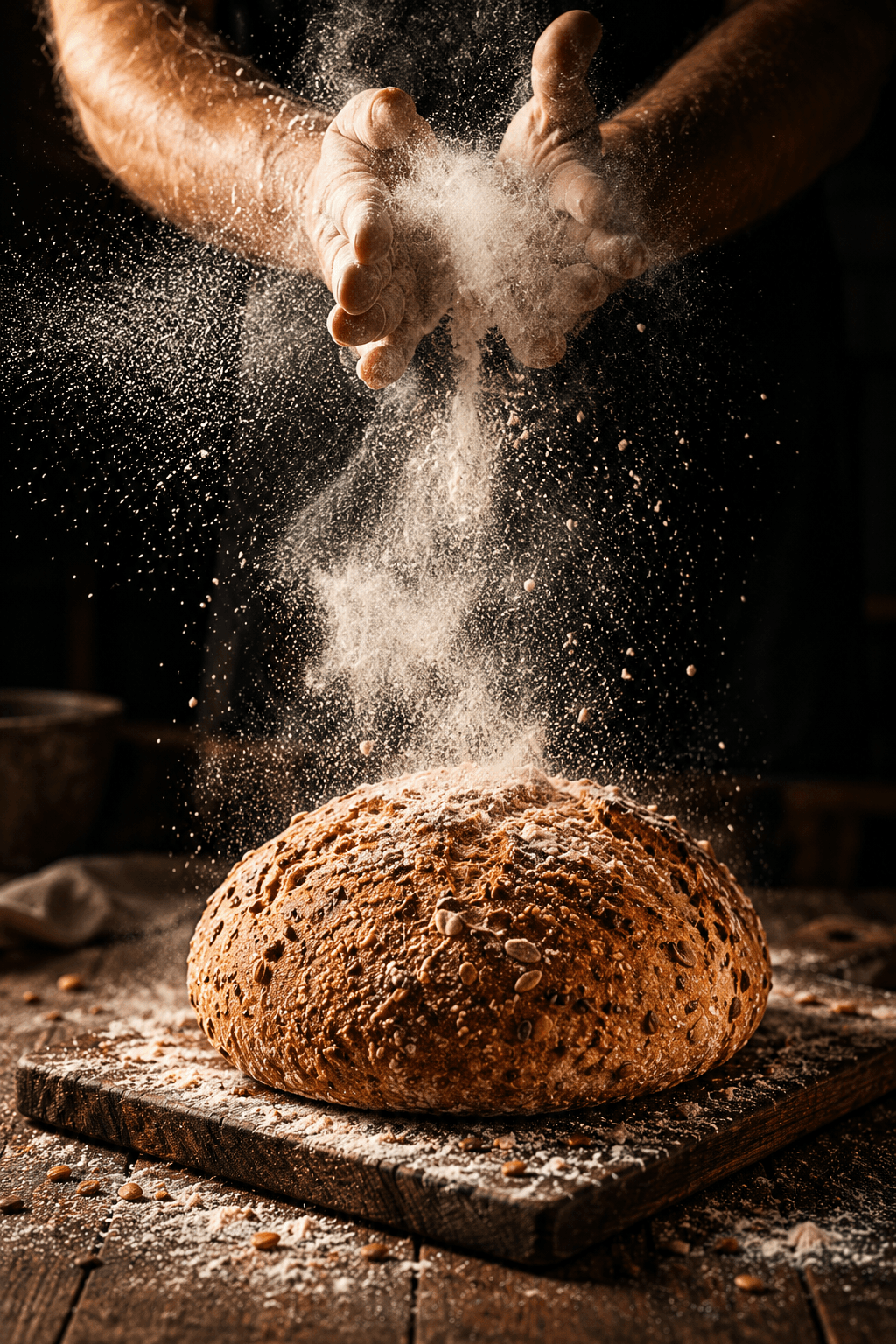 Artisan baker dusting flour over a rustic seeded loaf
