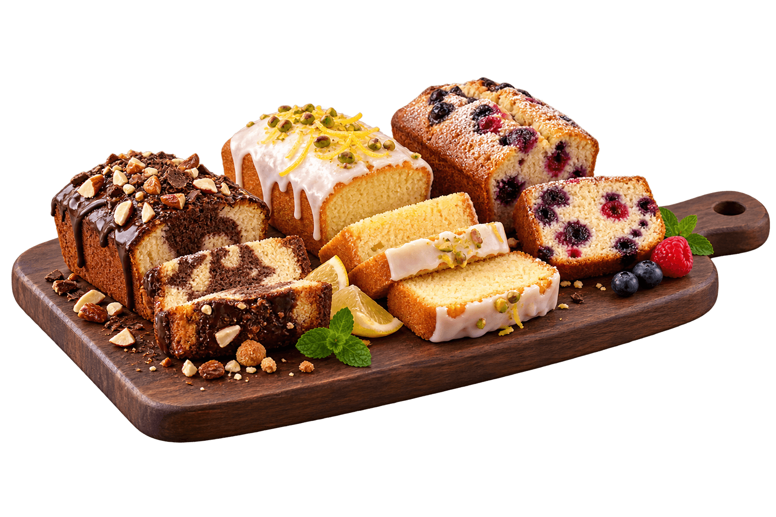 Assorted sliced tea cakes on a wooden board