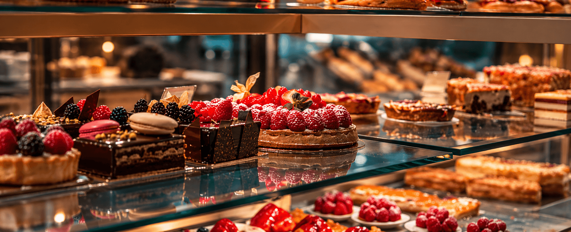Berry cakes and pastries arranged inside a bakery display case