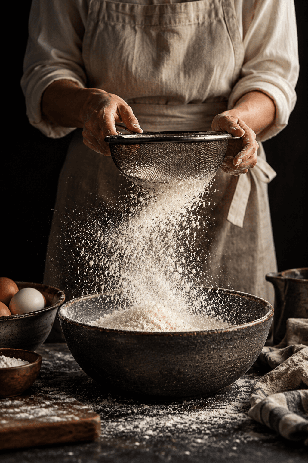 Baker sifting flour into a mixing bowl